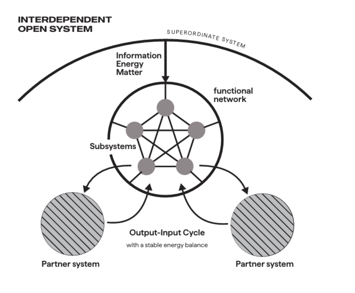 Diagram of the Interdependent Open System: a subsystem network exchanging information, energy, and matter with a superordinate system and partner systems.
